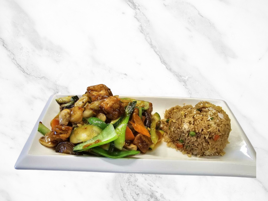 Chop-Asian-Kitchen-Chinese-Restaurant-Tofu-Vegetable-Stir-Fry-with-Fried-Rice-Santa-Rosa Tofu and vegetable stir - fry served